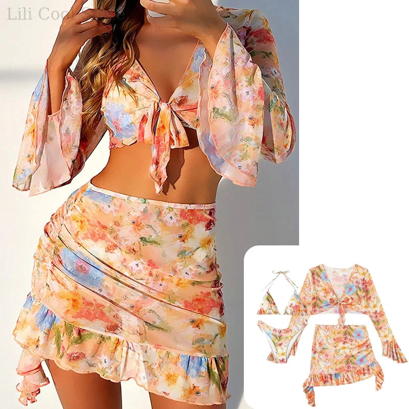 New Arrival Sexy Print Four Piece Bikini Set High Waist With Beach Skirt Long Sleeve Crop Top Swimwear Bikini Bathing Suit