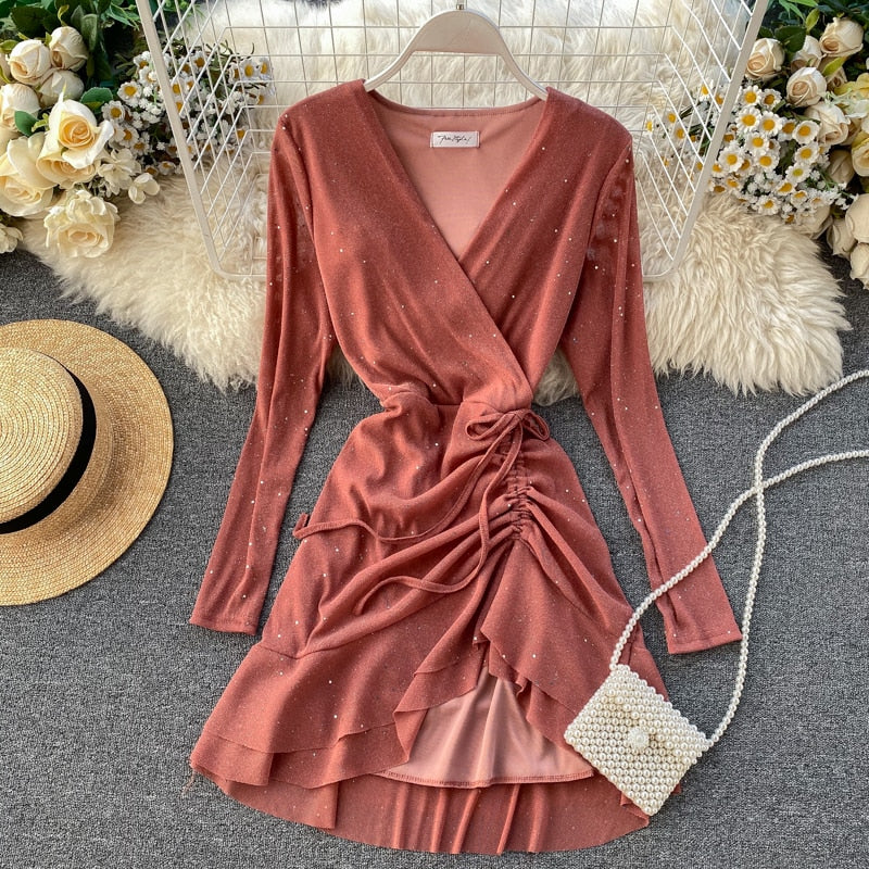 FTLZZ New Women&#39;s Dresses Spring Long Sleeve V-neck Elegant Dresses Casual Asymmetrical Ruffle Mini Dress Party Dress