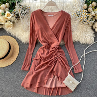 FTLZZ New Women&#39;s Dresses Spring Long Sleeve V-neck Elegant Dresses Casual Asymmetrical Ruffle Mini Dress Party Dress