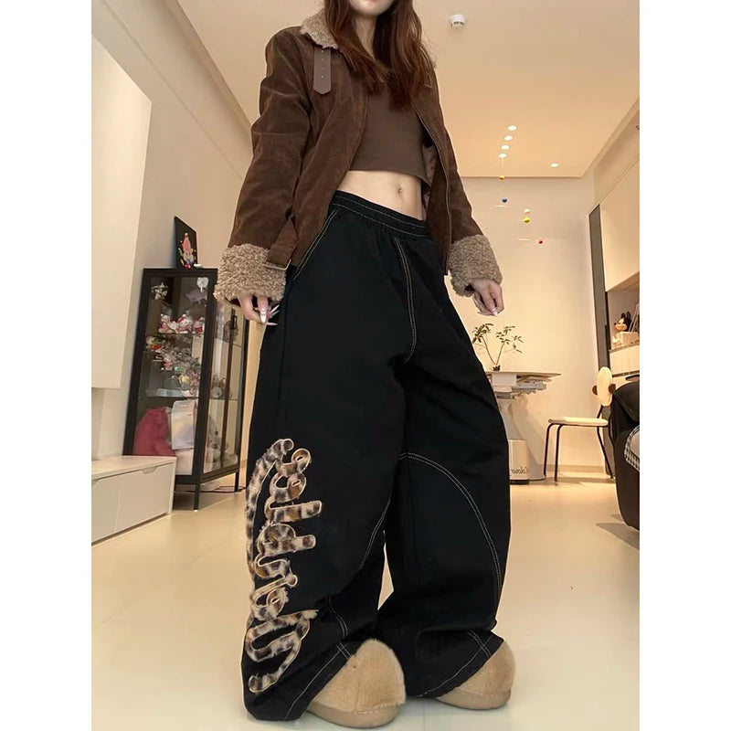 ZHIZOU Women's Baggy Black Jeans Y2k American Retro Designer Leopard Denim Pants Grunge Harajuku Hip-pop Wide Fit Cowboy Pants