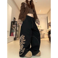 ZHIZOU Women's Baggy Black Jeans Y2k American Retro Designer Leopard Denim Pants Grunge Harajuku Hip-pop Wide Fit Cowboy Pants