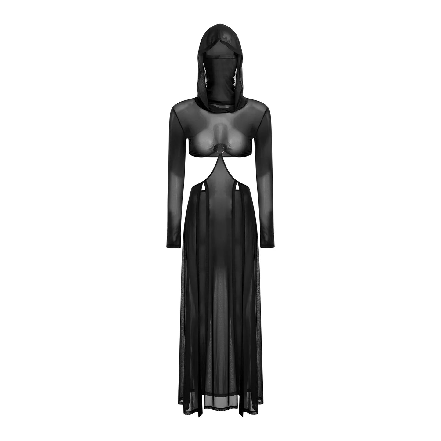 Women Sheer Dress with Hooded Face Mask Maxi High Slit Sexy Mesh Dress Long Sleeves Hollow Out Sheer Dress Cover Up Swimwear