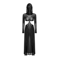 Women Sheer Dress with Hooded Face Mask Maxi High Slit Sexy Mesh Dress Long Sleeves Hollow Out Sheer Dress Cover Up Swimwear