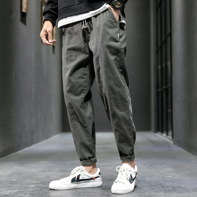 Men's Casual Jeans Pure Cotton Straight Workwear Korean Style Trendy Versatile Ties Sports Pants