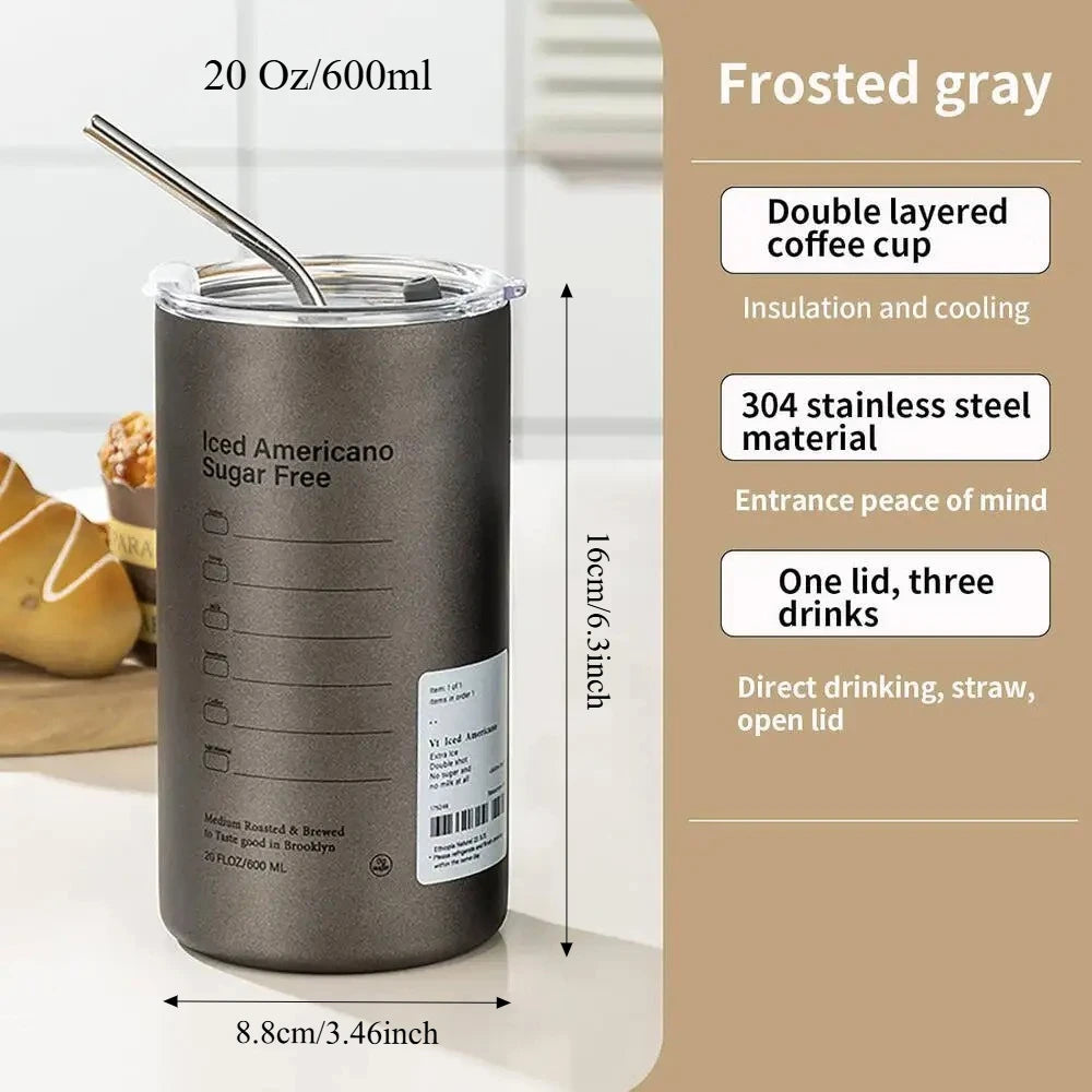 20 Oz Latte Coffee Cup, 304 Stainless Steel Iced Drink Cup with Straw and Lid, Insulated Cup, Cooling Vacuum Drinkware Reusable.