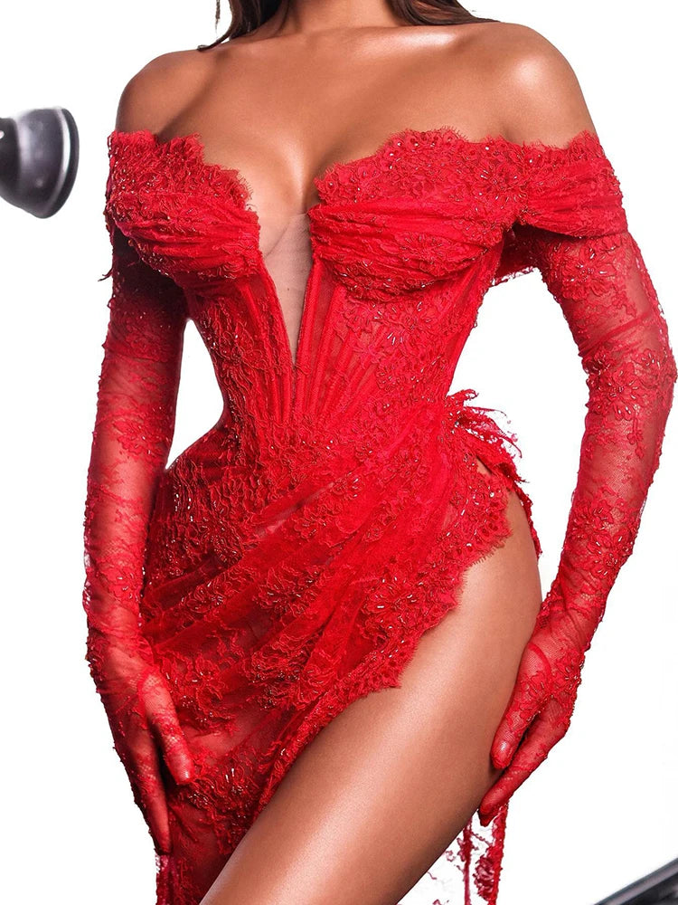 VC Christmas Dress Women Red Lace Sexy Long Sleeves Design High Split Maxi Gowns For Special  Events