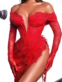 VC Christmas Dress Women Red Lace Sexy Long Sleeves Design High Split Maxi Gowns For Special  Events