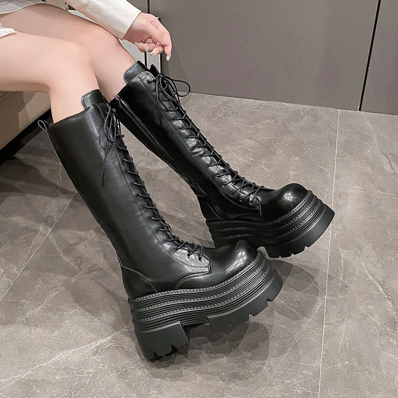 New Autumn Knee High Boots Women Chunky Leather Long Boots Woman High Heels Punk Shoes Winter 9CM Platform Motorcycle Booties