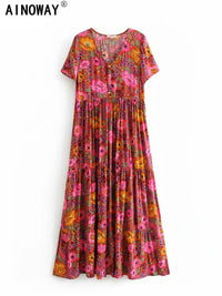 Vintage Chic Women Deep V-neck Red Floral Print Beach Bohemian Maxi Dress Ladies Rayon Cotton Summer Boho Sundress Vestidos