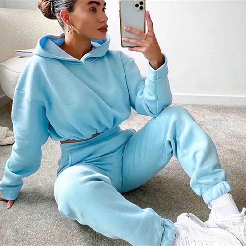 2025 Autumn Winter Women Sweatshirt Set Solid Color Casual Simple Hooded 2 Piece Outfit Set Fashion Gym Jogging  Woman Pant Sets