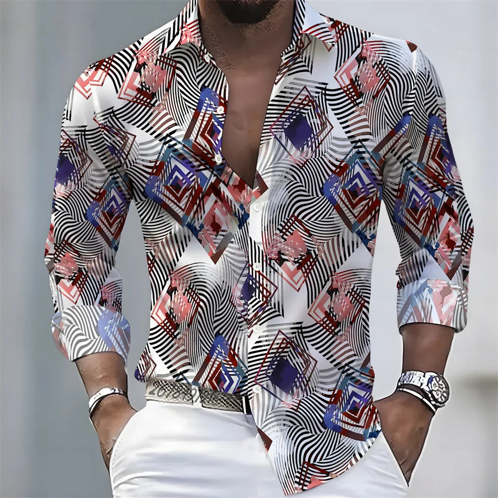 Men's Retro Color-Blocked Floral Print Long-Sleeve Shirt with Paisley Pattern Design, Casual Top for Spring and Autumn