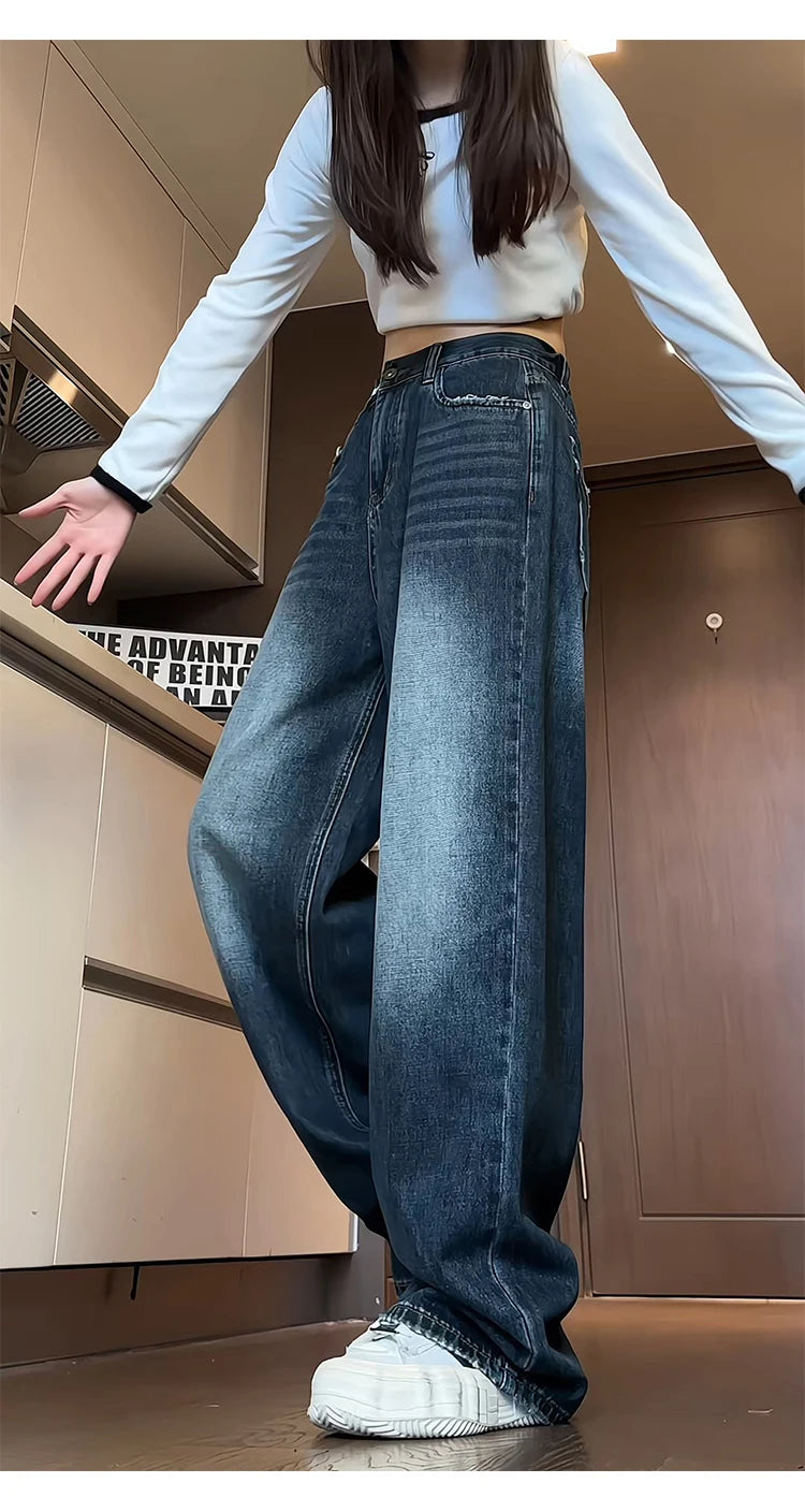 Jeans women's loose straight spring and autumn 2025 new large size American casual retro all-match wide-leg trousers trend