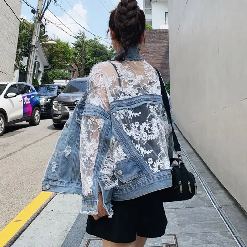 Mesh Embroidery Hole Denim Jacket 2025 Summer Lace Stitching Girlish Top