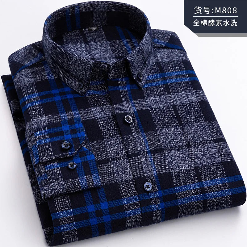 Pure Cotton Men's Plaid Shirt Long Sleeve Regular Fit Men Casual Oversized Shirt Leisure Autumn Male Blouse New Plus Size