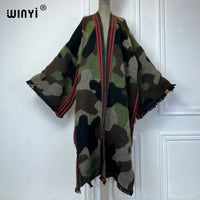 WINYI camouflage colour African women winter kimono long sleeve OverCoat abaya dubai luxury Open Front Long Cardigan party dress