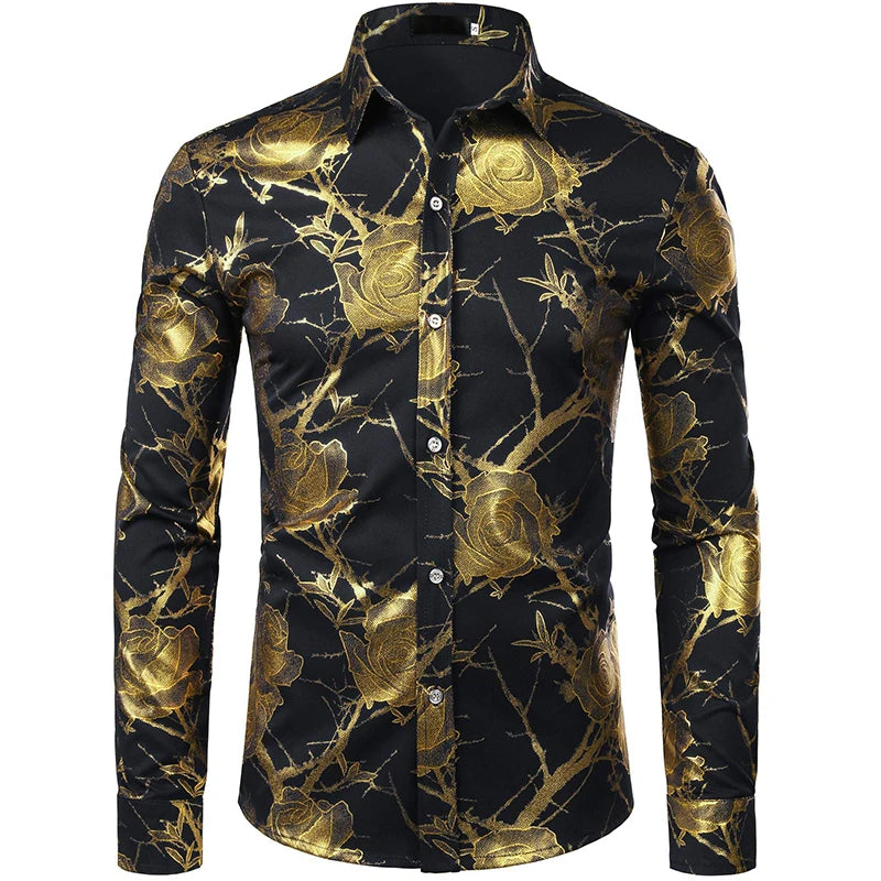 2024 New Men's Gold Shirt 3D Rose Print Slim Fit Button-Down Party Dress Shirt Athleisure Fashion Comfortable Long Sleeve
