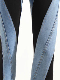 Fashion Designer Color Block Women's Jeans Slim Deconstruct Panelled Patchwork High Waist Split Blue Long Denim Pants Autumn