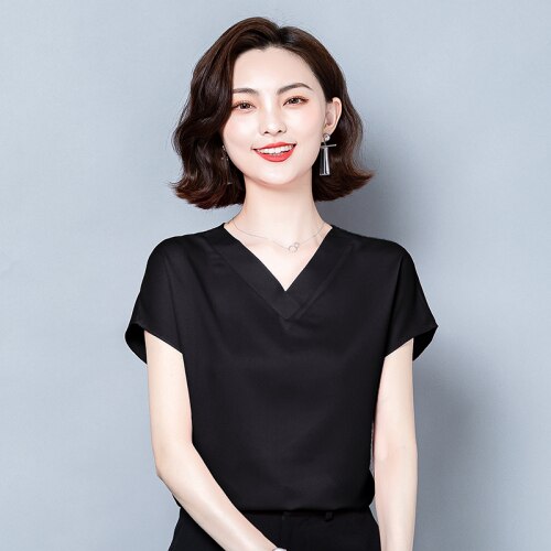 Office Lady Solid V-neck Blouse Women Summer 2023 Short Sleeve Casual Silk Satin Shirts Casual M-4XL Loose Tops Clothes 10297