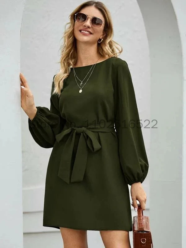 New European and American Women's Solid Color Temperament Commuting Slim Slim Pullover High Waist Dress