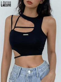 Crop Top Women Hollow Out Black Blouses Sleeveless Skinny Cool Punk T Shirts Techwear 2022 Summer New Sexy Tank Tops Y2k Clothes