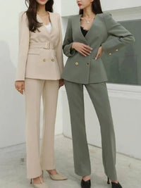 Spring Women Fashion Blazer Suit Long Sleeve Blazer With Belt Pants Suit Set Office Lady Two Piece Sets Outfits