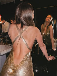 Sexy Metallic Sequin Mini Dress For Women Backless Cocktail Club Glitter Low Cut Halter Dress Rave Party Nightclub Dresses