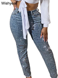 Fashion Skinny Stretch Jeans for Women Luxury Diamonds Hole Pencil Pants High Waist Washed Streetwear Y2k Streetwear Trousers