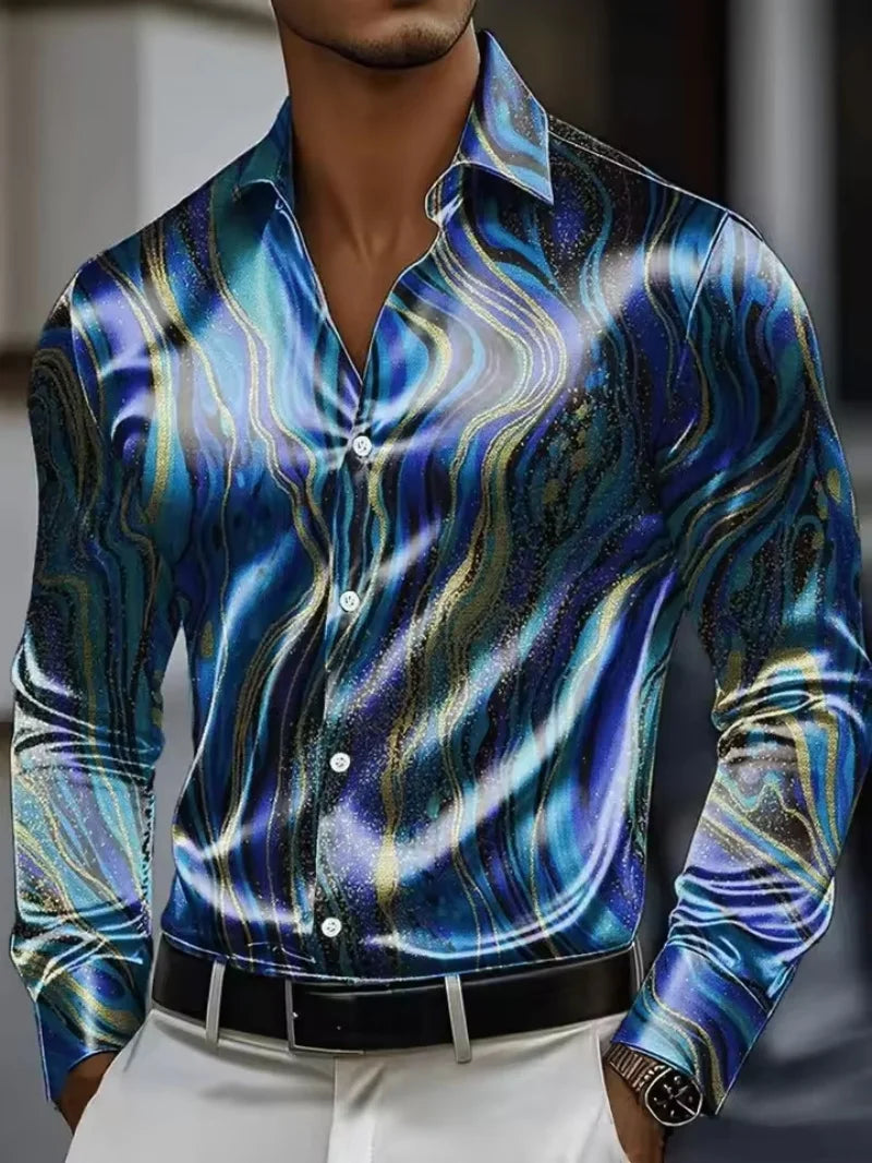 Men's long sleeved shirt, retro patterned 3D printed design, men's lapel button loose and comfortable casual vacation plus size