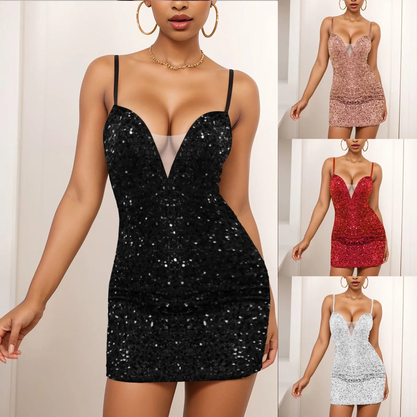 Elegant Sexy Sequin Sling Dress Women V Neck Spaghetti Strap Wrap Hips Dress Ladies Temperament Glitter Party Dresses Vestidos