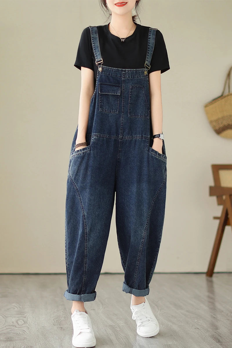 6223 Spring Fall Fashion Women's Multi Pocket Cargo Suspender Female Vintage Patchwork Blue Denim Overalls Casual Loose Jumpsuit
