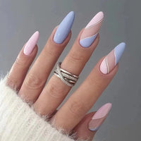 24Pcs Long Round Head Black Glod Line Press On Nail Art Removable Fake Nails With Glue Full Cover Waterproof False Nails