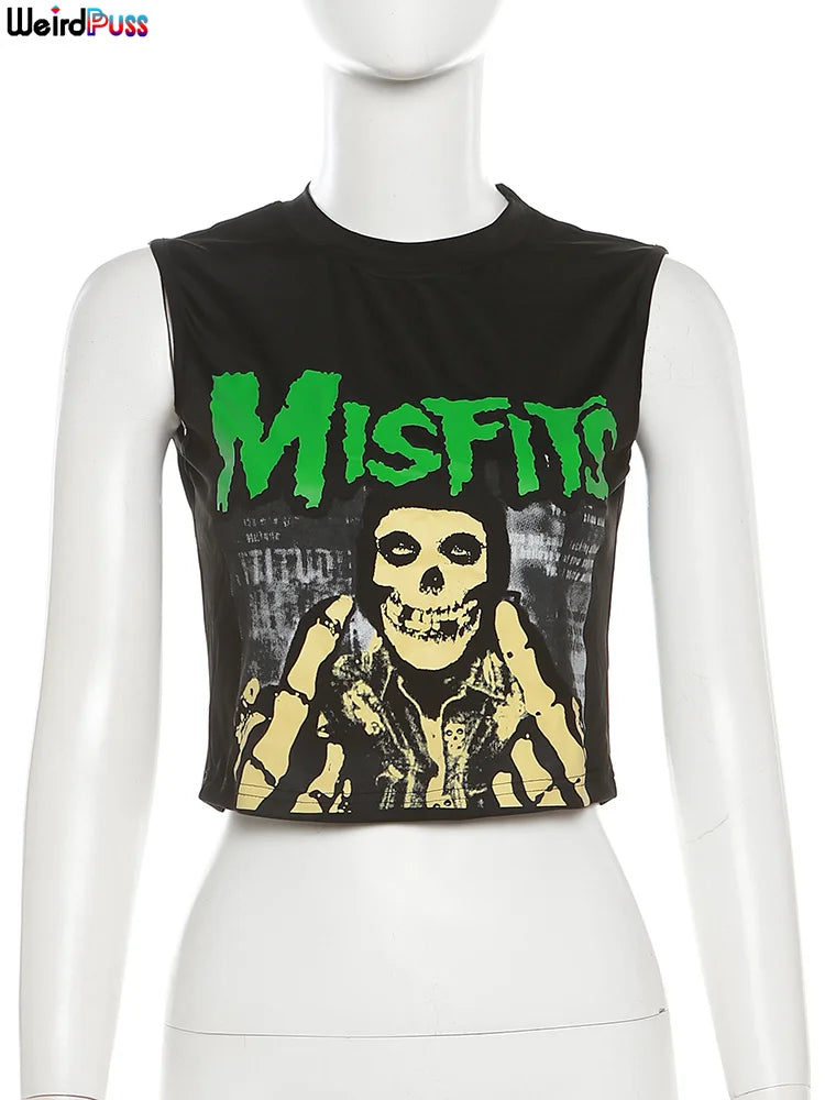 Weird Puss Halloween Style Women Crop Tops Skull Letter Print O Neck Sleeveless Causal Basic Vest Festival Party Y2K Streetwear