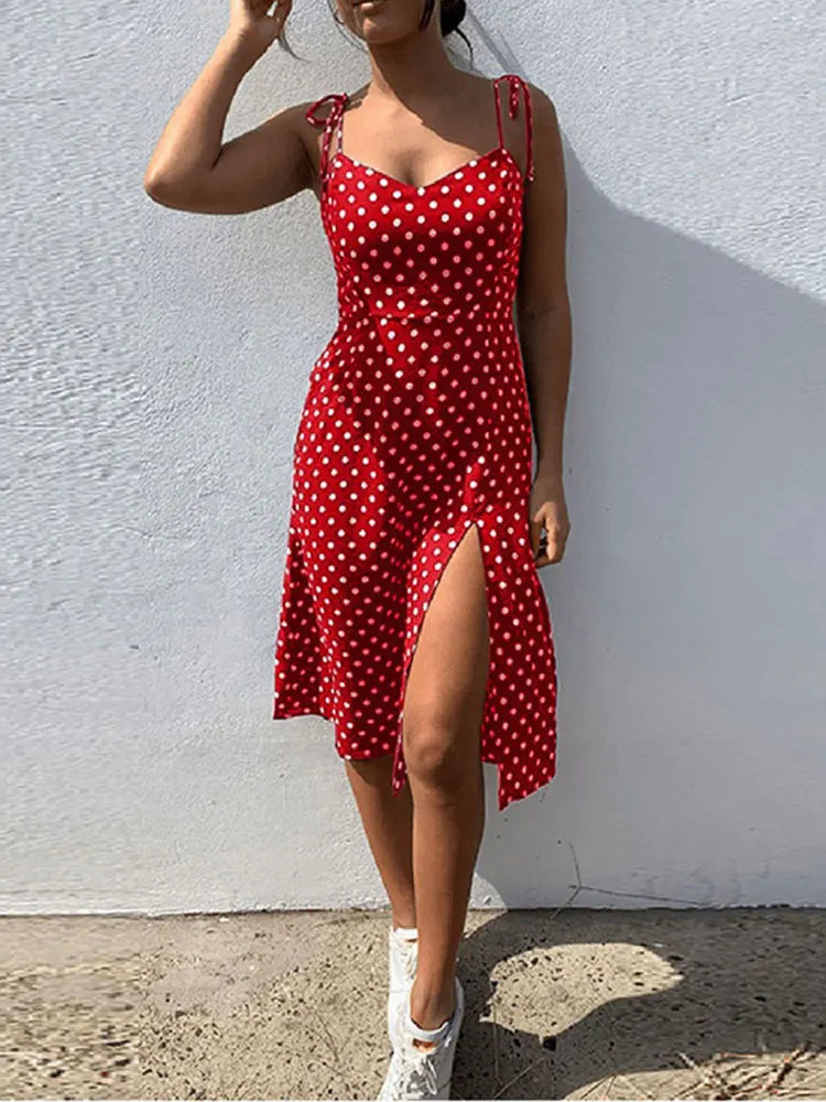 Dresses Sundress Summer Women Causal Polka Dot Sleeveless High Pleated elastic waist V-Neck Beach Dress Vestidos De Verano