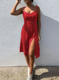 Dresses Sundress Summer Women Causal Polka Dot Sleeveless High Pleated elastic waist V-Neck Beach Dress Vestidos De Verano