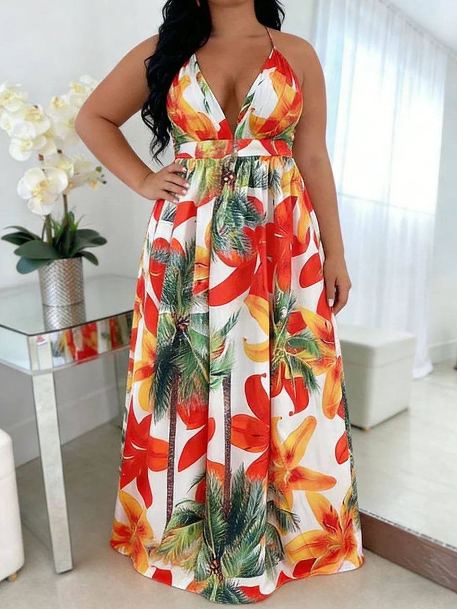 Plus Size Women's Dress Halter Neck Deep V Tropical Print High Waist Maxi Dress Boho Spring Summer Beach Vacation Light Dress