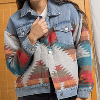 Retro Denim Jacket 2022 New Long Sleeved Lapel Loose Denim Stitching Woolen Jacket Female AZTEC Vintage Denim Stitching Coat