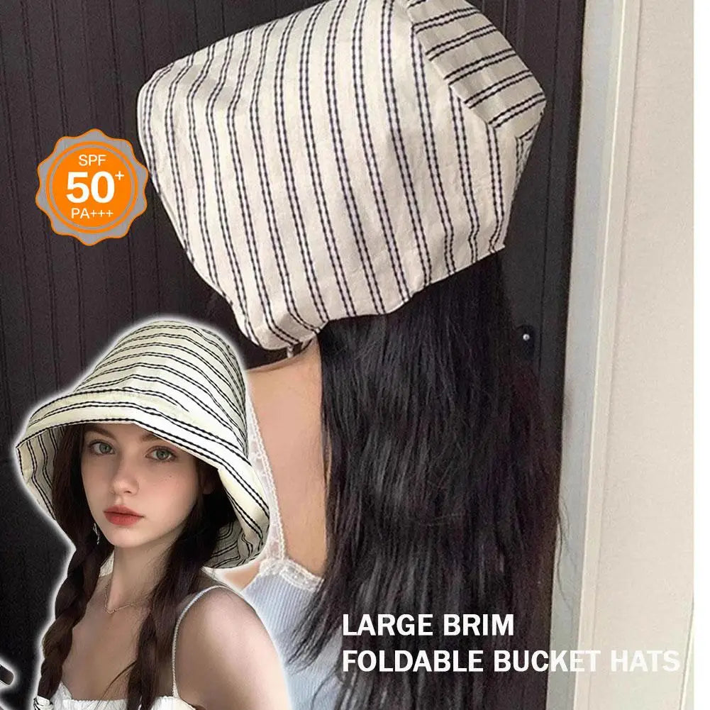 UPF50+ Striped Bucket Sun Hat, 56-58cm Adjustable Chin Tie Polyester Sun Hat for Beach, Hiking & Outdoor