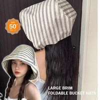 UPF50+ Striped Bucket Sun Hat, 56-58cm Adjustable Chin Tie Polyester Sun Hat for Beach, Hiking & Outdoor