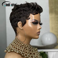 #1B Black Short Curly Pixie Cut Wigs For Women Curly Wig Brazilian Remy Human Hair Short Bob Full Machine Made Wig 150% Density