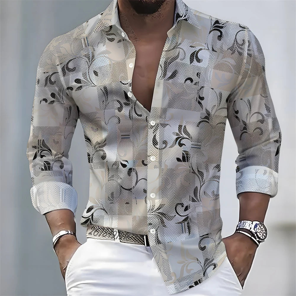 American retro patchwork print men's long-sleeved shirt, casual spring and autumn turn-down collar cardigan, plus size men's top