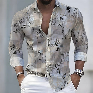 American retro patchwork print men's long-sleeved shirt, casual spring and autumn turn-down collar cardigan, plus size men's top