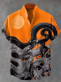 Men's Short Sleeve Shirt Vintage Ethnic Style Sunlight and Tree Illustration Art Snake Print Casual Linen Shirt