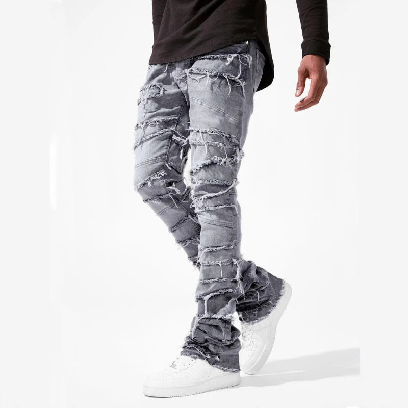 Straight Pant Men Jeans Denim Pants Slim Fit Irregular Folds Tassel Splice Simple Button Pocket High Street Trousers Spring