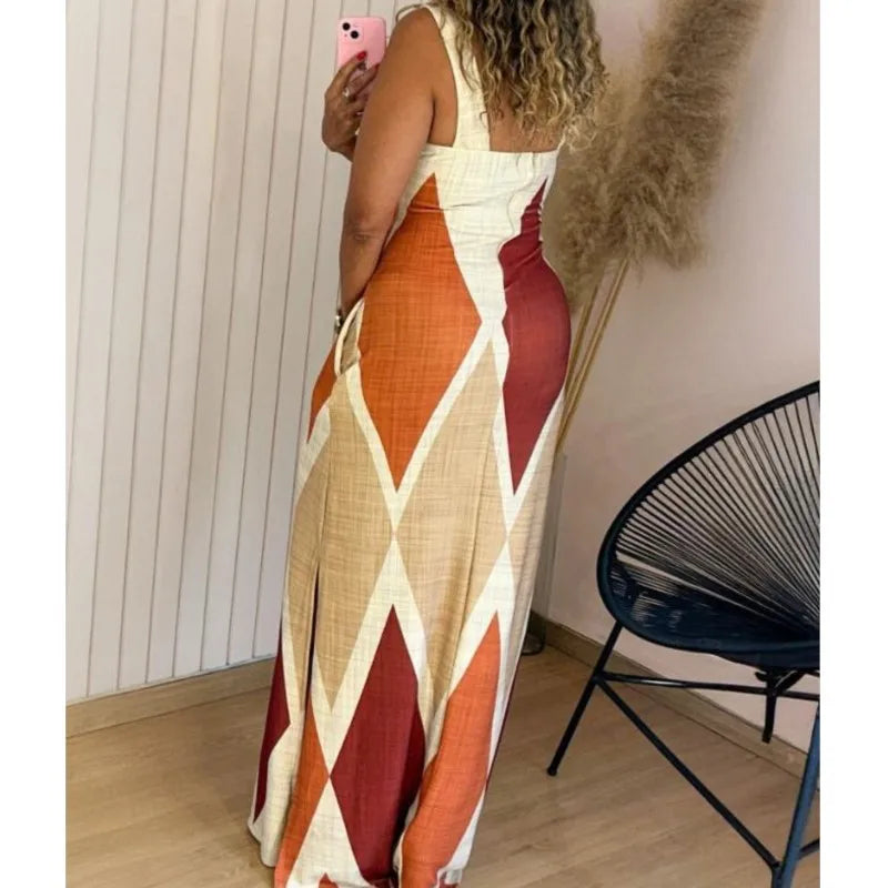 summer tank dresses Boho Womens Summer Dress Retro Print Casual Slim Slit Square Neck Slee – Mega Mart Center