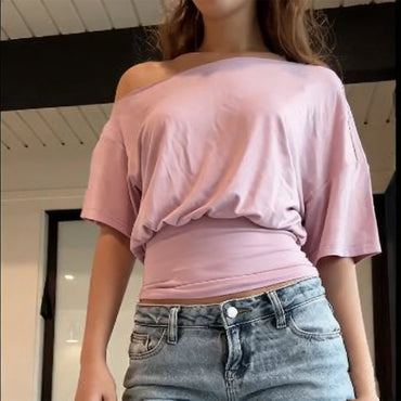 Women's Off Shoulder Short Sleeve Blouse Ruched Waist Fitted Cropped Top Casual Loose Dolman Sleeve Summer Streetwear