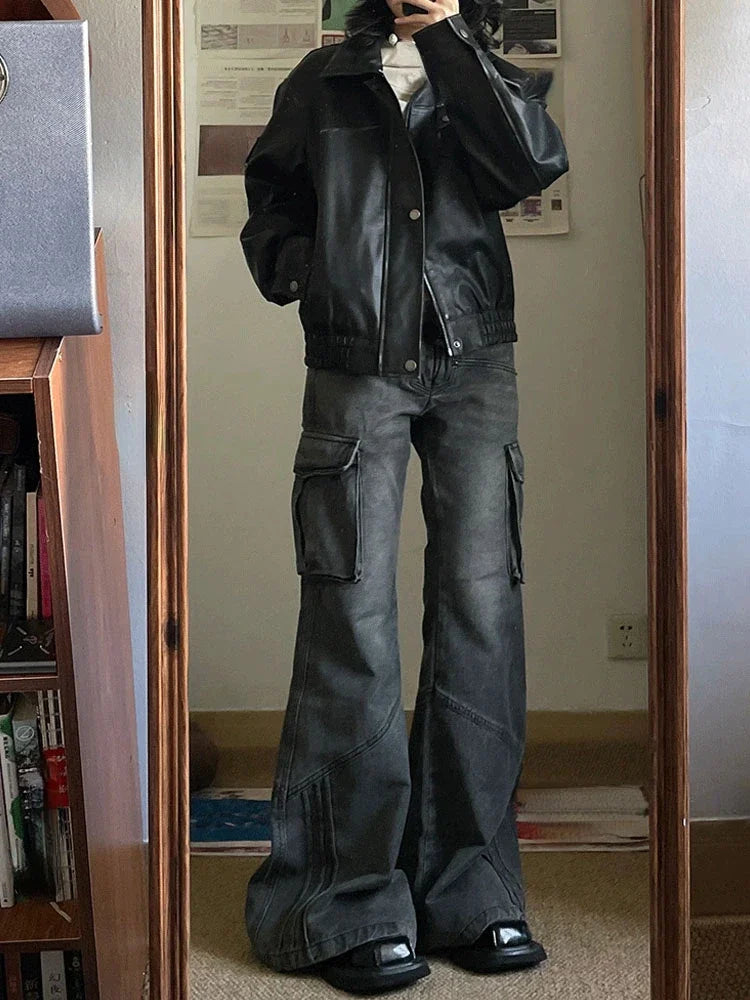 CJFHJE American Retro Bell Bottoms Washed Black Low Waist Slim Flare Jeans Women Fashion Cozy Denim Trousers Hiphop High Street