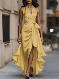 Freeacy Women's Deep V-neck Ruffled Evening Gowns Solid Color Lace-up High Waist Satin Party Dresses Wedding Guests Dress