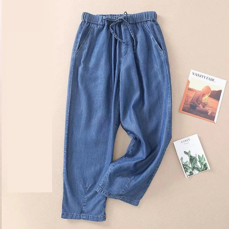 High waisted Jeans For women Summer 2025 New Elastic waisted Loose Washed harem Pants Female Thin Casual Denim Pants With pocket