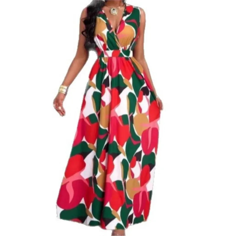 Women's Dress New Summer Sexy Fashion V-neck Top Lace-Up Printed Pleated Waist Sleeveless Slim Fit Boho Maxi Dresses For Women