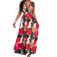 Women's Dress New Summer Sexy Fashion V-neck Top Lace-Up Printed Pleated Waist Sleeveless Slim Fit Boho Maxi Dresses For Women